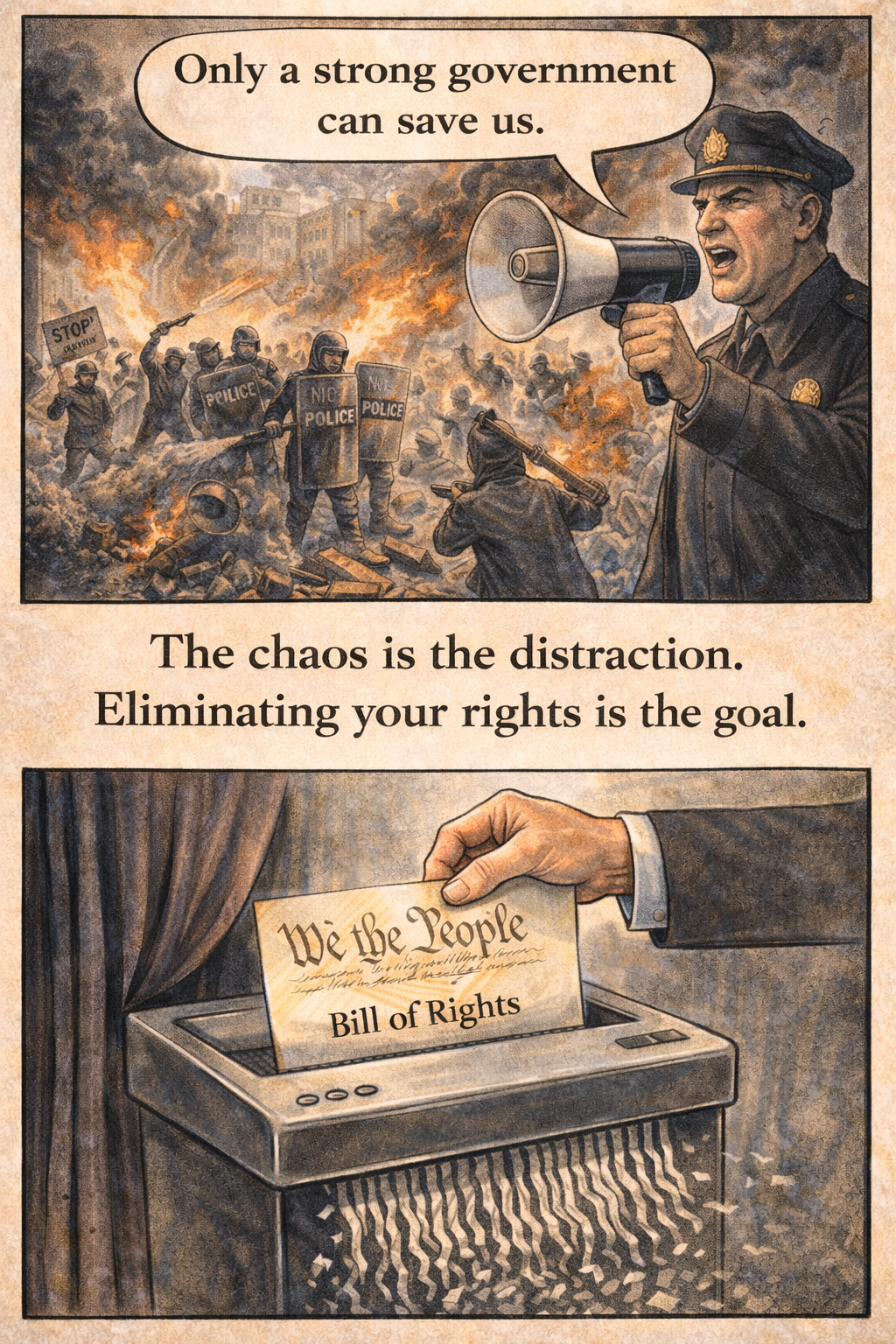 Two-panel cartoon showing chaos on the streets and the Bill of Rights going into a shredder